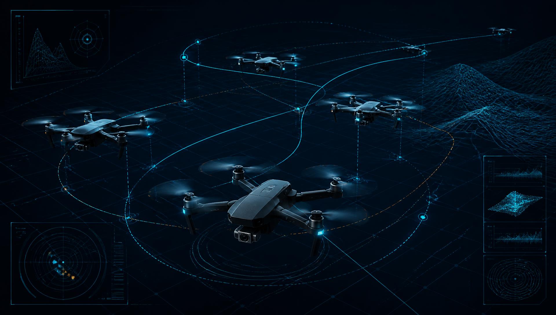 Swarm of drones in flight simulation with trajectory visualization